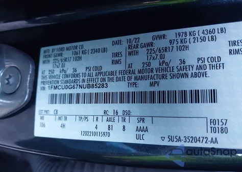 2022 Ford Escape Se from USA, damaged, VIN 1FMCU0G67NUB85283